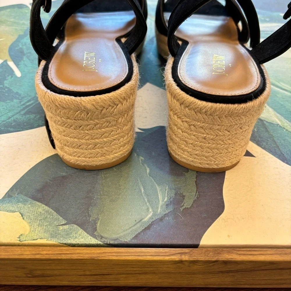 J. CREW Heeled Platform Espadrilles Black Size 11 Faux Suede